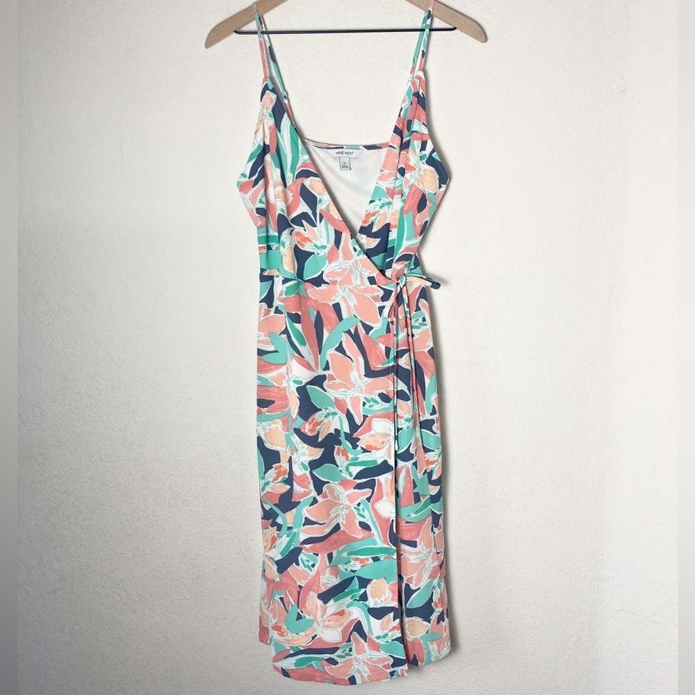 Nine West Coral, Teal & Navy Floral Midi Wrap Dress